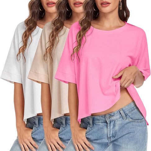 HOUZONIY إمرأة المتضخم تي شيرت كم قصير فضفاض Crewneck الصلبة فضفاض بلوزات على الموضة قميص للنساء عادية الأساسية صالح تيز in Kuwait