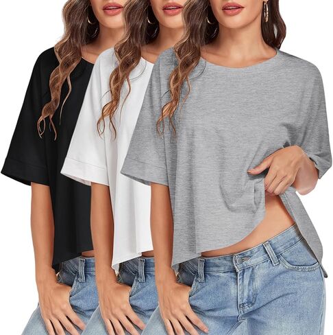 HOUZONIY إمرأة المتضخم تي شيرت كم قصير فضفاض Crewneck الصلبة فضفاض بلوزات على الموضة قميص للنساء عادية الأساسية صالح تيز in Kuwait