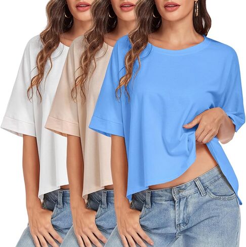 HOUZONIY إمرأة المتضخم تي شيرت كم قصير فضفاض Crewneck الصلبة فضفاض بلوزات على الموضة قميص للنساء عادية الأساسية صالح تيز in Kuwait