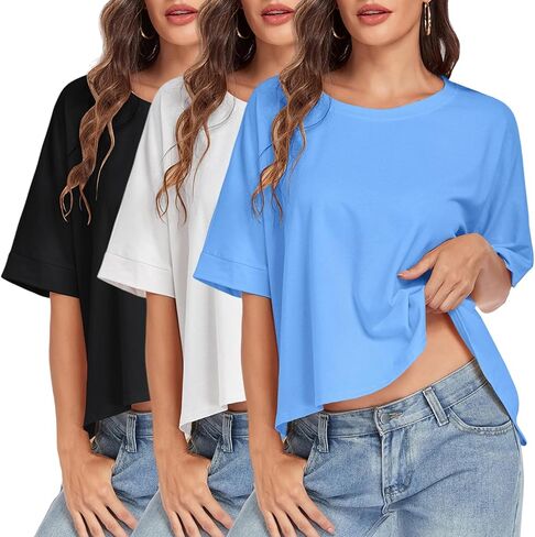 HOUZONIY إمرأة المتضخم تي شيرت كم قصير فضفاض Crewneck الصلبة فضفاض بلوزات على الموضة قميص للنساء عادية الأساسية صالح تيز in Kuwait