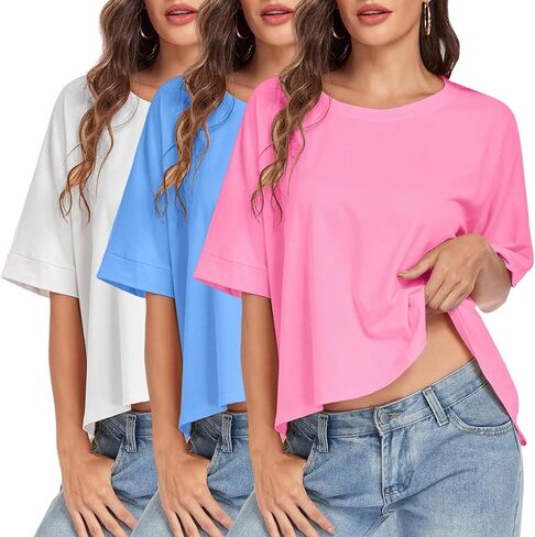 HOUZONIY إمرأة المتضخم تي شيرت كم قصير فضفاض Crewneck الصلبة فضفاض بلوزات على الموضة قميص للنساء عادية الأساسية صالح تيز in Kuwait