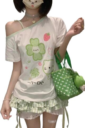 Y2K Harajuku الكرتون طباعة تي شيرت القوطية المرأة Cutecore قميص موضة قبالة الكتف تي شيرت Kawaii الحلو الفتيات تيز القمم in Saudi Arabia