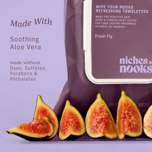 Niches & Nooks تنظف مناديل Nooks الأنثوية - تين طازج - مناديل حميمة متوازنة لدرجة الحموضة للنساء، نضارة يومية، تحييد الرائحة، رائحة نظيفة - 45 قطعة in Kuwait