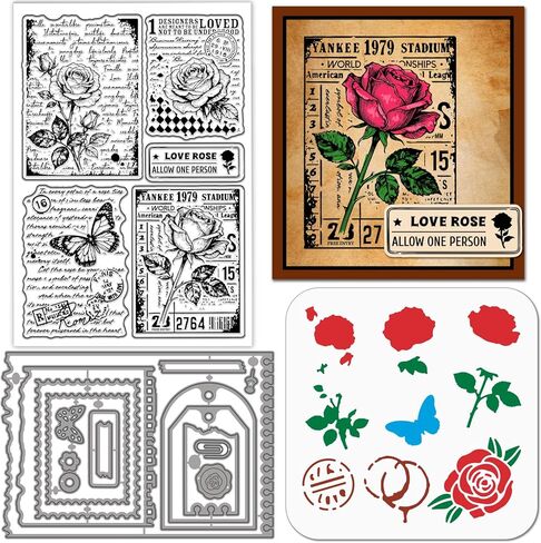 GLOBLELAND Mushrooms Clear Silicone Stamp Metal Label and Tickets Cutting Die Cuts Layering Grunge Texture PET Paint Craft Stencils for Card Making Scrapbooking Craft DIY Embossing in Saudi Arabia