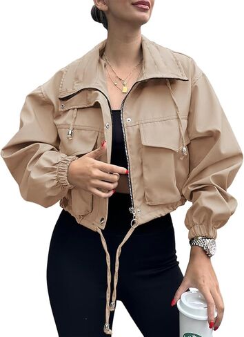 Womens Cropped Bomber Jacket Lightweight Military Fall Utility Safari Zip Up Anorak Coat with Pockets in Kuwait