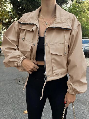 Womens Cropped Bomber Jacket Lightweight Military Fall Utility Safari Zip Up Anorak Coat with Pockets in Kuwait