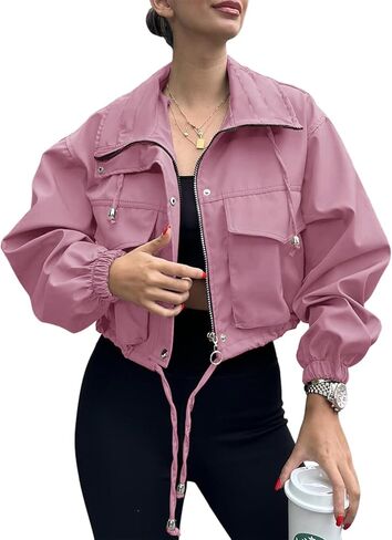Womens Cropped Bomber Jacket Lightweight Military Fall Utility Safari Zip Up Anorak Coat with Pockets in Kuwait