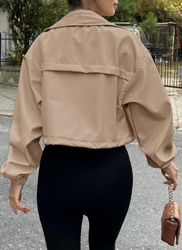 Womens Cropped Bomber Jacket Lightweight Military Fall Utility Safari Zip Up Anorak Coat with Pockets in Kuwait