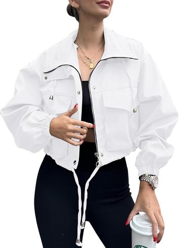 Womens Cropped Bomber Jacket Lightweight Military Fall Utility Safari Zip Up Anorak Coat with Pockets in Kuwait