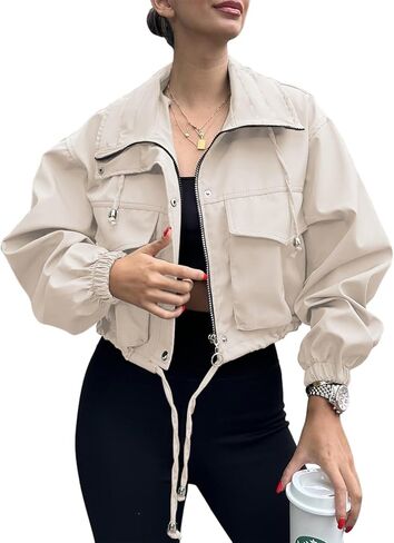 Womens Cropped Bomber Jacket Lightweight Military Fall Utility Safari Zip Up Anorak Coat with Pockets in Kuwait