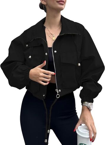 Womens Cropped Bomber Jacket Lightweight Military Fall Utility Safari Zip Up Anorak Coat with Pockets in Kuwait