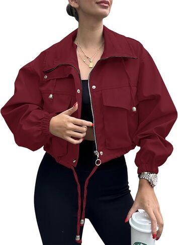 Womens Cropped Bomber Jacket Lightweight Military Fall Utility Safari Zip Up Anorak Coat with Pockets in Kuwait