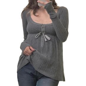Y2K Babydoll Sweaters for Women Cute Slim Fit Square Neck Long Sleeve Knit Pullover Top Fairycore Fall Trendy Sweater in Kuwait