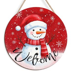 Snowman Christmas Decorations Farmhouse Round Wood Snowman Winter Wreath Wooden Front Door Hanger - Welcome Snow Sign for Outdoor Porch - 12"x12" (Red) in Saudi Arabia