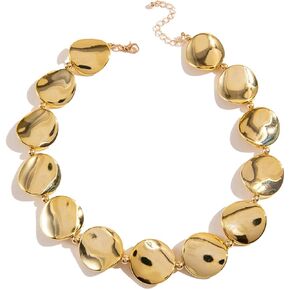 Chunky Irregular Pebble Disc Hammered Nugget Collar Necklace For Women Statement Modern Sculptural Adjustable Choker Style Gold Color Bold Fashion in Saudi Arabia