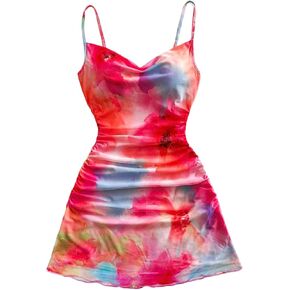 Women's Y2K Floral Tie Dye Mesh Bodycon Dresses Draped Ruched Sleeveless Cami Mini Dress in Saudi Arabia