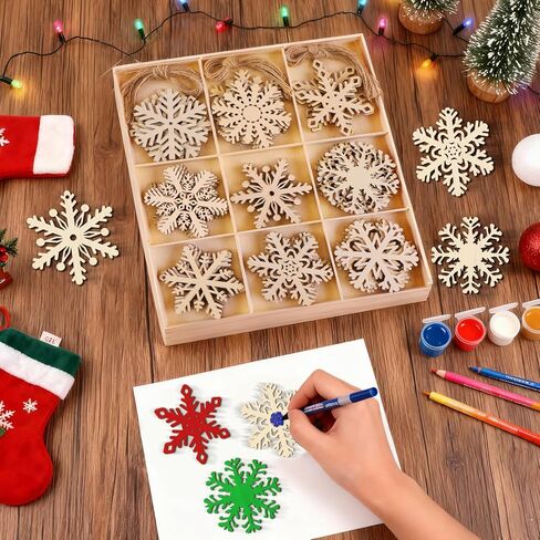 Consevisen Wooden Snowflakes for Crafts, 54 Pcs 9 Designs Unfinished Wood Christmas Ornaments Blank Wood Cutouts Embellishments for Xmas Tree Hanging, DIY Paint, Tags, Winter Holiday Decoration in Saudi Arabia