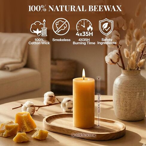 Natural Beeswax Candles 4 Packs, 100% Pure Beeswax Pillar Candles with 140 Hours Long Burning Time, Organic Bee Wax Candle for Home, Paryer, Parties Smokeless & Dripless, 2x4 inch in Saudi Arabia