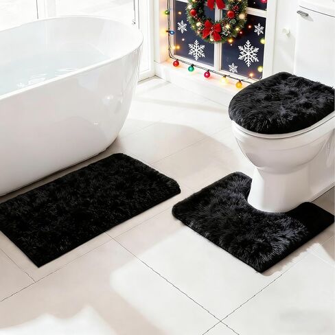 RUN HELIX مجموعات سجاد الحمام الأسود 3 قطع سجادة حمام أشعث، سجادة غير قابلة للانزلاق، سجادة حمام ماصة للماء، سجادة أرضية ناعمة قابلة للغسل مع سجادة محيطية على شكل حرف U، غطاء غطاء المرحاض، إكسسوارات ديكور المنزل in Kuwait