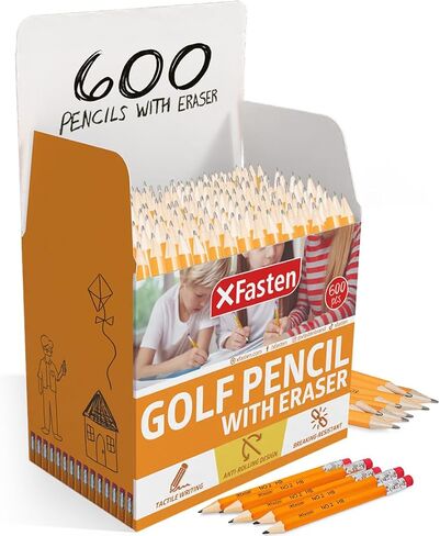 XFasten Golf Pencils with Erasers Bulk, 300-Pack 3.5" #2 HB Pre-Sharpened Easy-to-Grip Half Mini Golf Pencils for Kids, Adults, and School Supplies - Hexagonal, Smooth Writing, and Non-Smudging in Saudi Arabia