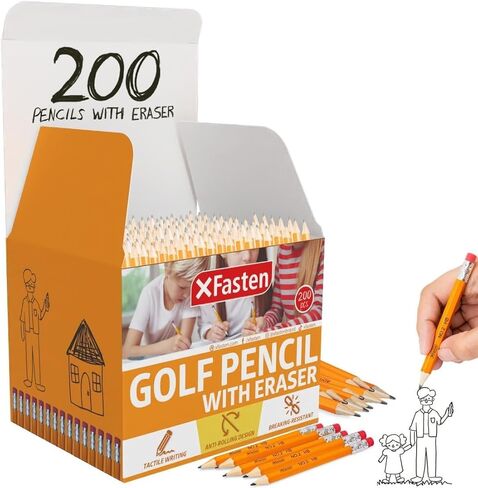 XFasten Golf Pencils with Erasers Bulk, 300-Pack 3.5" #2 HB Pre-Sharpened Easy-to-Grip Half Mini Golf Pencils for Kids, Adults, and School Supplies - Hexagonal, Smooth Writing, and Non-Smudging in Saudi Arabia
