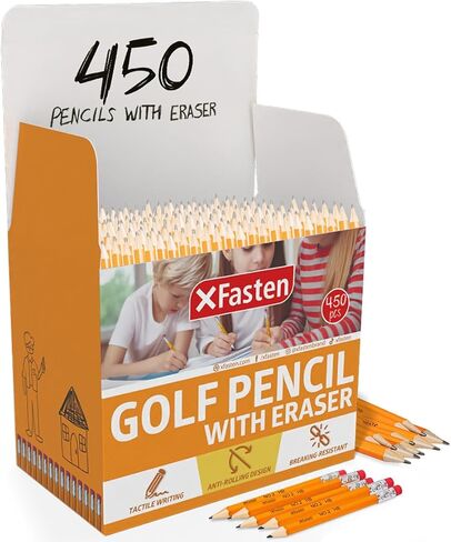 XFasten Golf Pencils with Erasers Bulk, 300-Pack 3.5" #2 HB Pre-Sharpened Easy-to-Grip Half Mini Golf Pencils for Kids, Adults, and School Supplies - Hexagonal, Smooth Writing, and Non-Smudging in Saudi Arabia