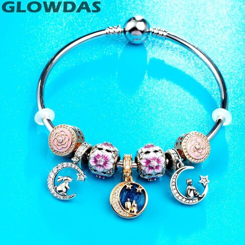 Rose Gold Couple Lover on Crescent Moon Pendant Charms, fit Pandora Valentines Bracelet, Sterling Silver Wife/Husband Under Starry Night Sky Beads, Gift for Birthday Anniversary in Saudi Arabia