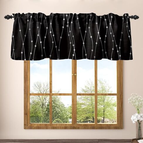 Renaiss 42 x 18 Inch Black Kitchen Valance for Windows Silver Wave Dot Linen Curtains for Small Windows Rod Pocket Light Filtering Curtain for Living Room Bedroom Bathroom Linen Window Drapes in Saudi Arabia