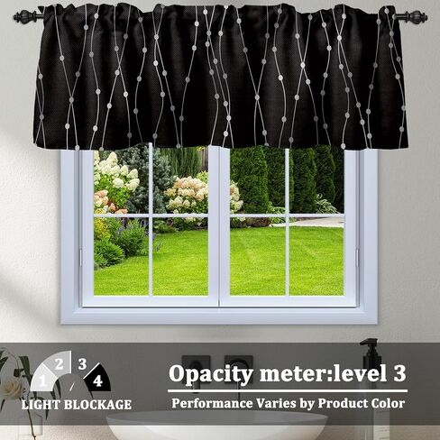 Renaiss 42 x 18 Inch Black Kitchen Valance for Windows Silver Wave Dot Linen Curtains for Small Windows Rod Pocket Light Filtering Curtain for Living Room Bedroom Bathroom Linen Window Drapes in Saudi Arabia