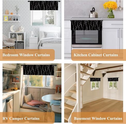 Renaiss 42 x 18 Inch Black Kitchen Valance for Windows Silver Wave Dot Linen Curtains for Small Windows Rod Pocket Light Filtering Curtain for Living Room Bedroom Bathroom Linen Window Drapes in Saudi Arabia
