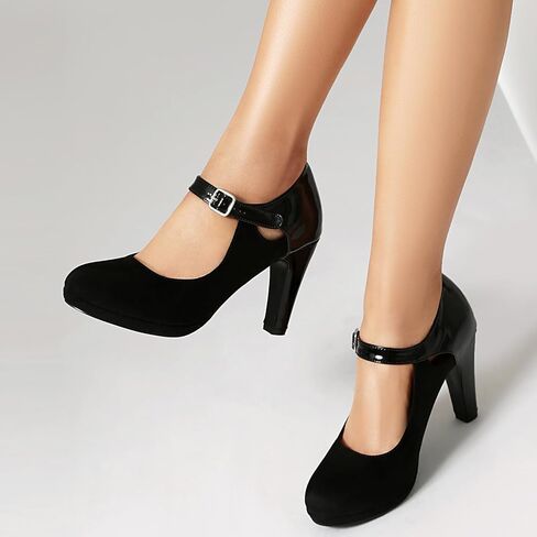 Elerhythm Women's Mary Jane Heels Retro Closed Round Toe Suede Ankle Strap Pumps Vintage Shoes in Saudi Arabia
