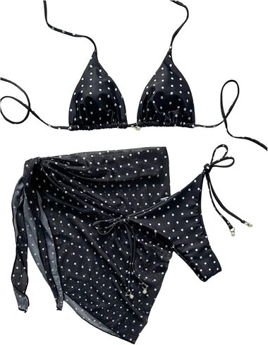 WDIRARA Women's 3 Piece Bikini Set Polka Dots Triangle Halter Swimsuit with Cover Up Skirt in Saudi Arabia