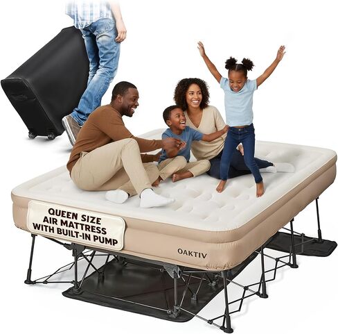 Air Mattress Queen with Built-in Pump – Self-Inflating Blow-Up Mattress for Home & Camping – Fast Inflatable Mattress, Air Bed, Air Mattress with Frame, Includes Travel Rolling Case on Wheels in Kuwait