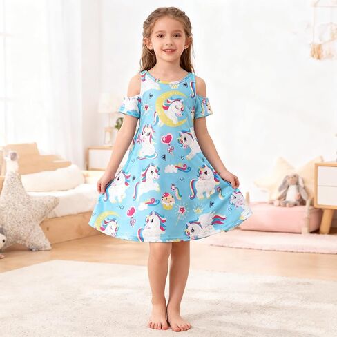 Unicorn Mermaid Dress for Girls Summer Off Shoulder Sundress Kids Twirl Swing Casual Dresses in Saudi Arabia