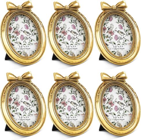 Vicenpal 6 قطع إطارات ذهبية صغيرة إطارات صور عتيقة صغيرة مقاس 2.5 × 3.5 بوصة زخارف باروكية بيضاوية من الراتنج مع لوحة زجاجية وحوامل رف in Kuwait