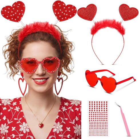 عصابة رأس على شكل قلب أحمر من Janinka Valentines ونظارات شمسية مع أحجار الراين DIY للنساء من Galentines Day لإكسسوارات الحفلات in Saudi Arabia