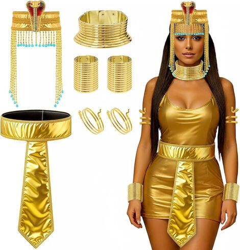 Yunlly 7 Pcs Mardi Gras Egyptian Costume Accessories African Cleopatra Headpiece Headband Tassel Bead Gold Snake Bracelets Arm Cuffs Collar Choker Collars Belt for Women Pharaoh Queen Cosplay in Saudi Arabia