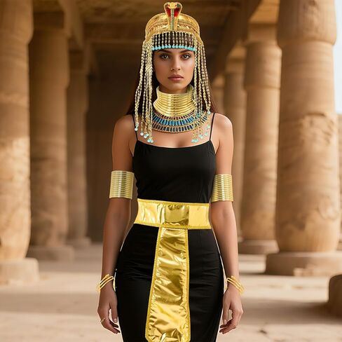 Yunlly 7 Pcs Mardi Gras Egyptian Costume Accessories African Cleopatra Headpiece Headband Tassel Bead Gold Snake Bracelets Arm Cuffs Collar Choker Collars Belt for Women Pharaoh Queen Cosplay in Saudi Arabia