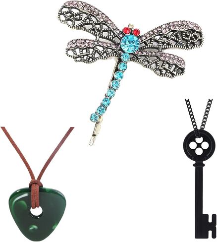 طقم إكسسوارات أزياء مكون من 3 قطع للحفلات التنكرية - قلادة على شكل حجر رؤية اليعسوب ومشبك شعر مفتاح أسود للأزياء التنكرية (ب) in Kuwait