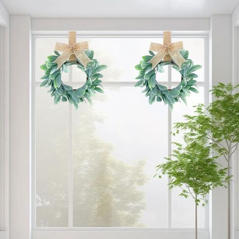 2 Pcs 13inch Mini Lamb Ear Wreaths Artificial Spring Summer Greenery Wreath for Front Door Farmhouse Kitchen Cabinet Wreaths with Burlap Ribbon for Porch Wall Window Deco (Green) in Saudi Arabia