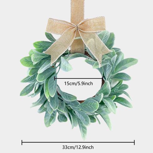 2 Pcs 13inch Mini Lamb Ear Wreaths Artificial Spring Summer Greenery Wreath for Front Door Farmhouse Kitchen Cabinet Wreaths with Burlap Ribbon for Porch Wall Window Deco (Green) in Saudi Arabia