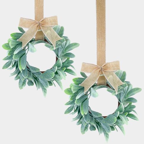 2 Pcs 13inch Mini Lamb Ear Wreaths Artificial Spring Summer Greenery Wreath for Front Door Farmhouse Kitchen Cabinet Wreaths with Burlap Ribbon for Porch Wall Window Deco (Green) in Saudi Arabia