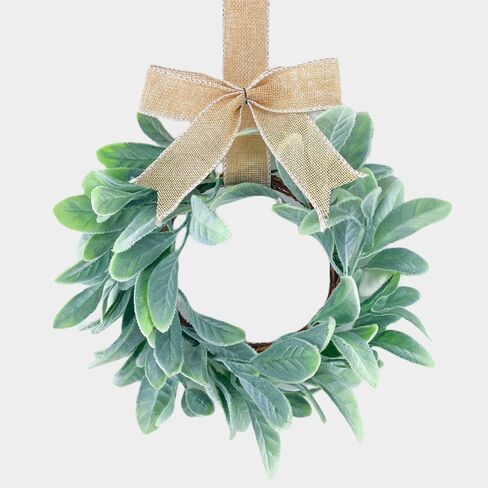 2 Pcs 13inch Mini Lamb Ear Wreaths Artificial Spring Summer Greenery Wreath for Front Door Farmhouse Kitchen Cabinet Wreaths with Burlap Ribbon for Porch Wall Window Deco (Green) in Saudi Arabia