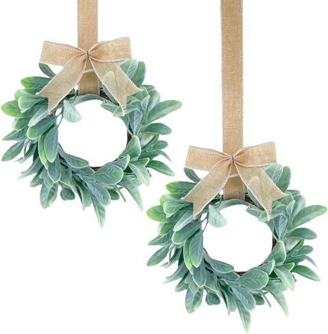 2 Pcs 13inch Mini Lamb Ear Wreaths Artificial Spring Summer Greenery Wreath for Front Door Farmhouse Kitchen Cabinet Wreaths with Burlap Ribbon for Porch Wall Window Deco (Green) in Saudi Arabia