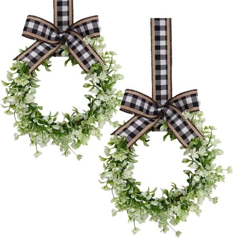 2 Pcs 13inch Mini Lamb Ear Wreaths Artificial Spring Summer Greenery Wreath for Front Door Farmhouse Kitchen Cabinet Wreaths with Burlap Ribbon for Porch Wall Window Deco (Green) in Saudi Arabia