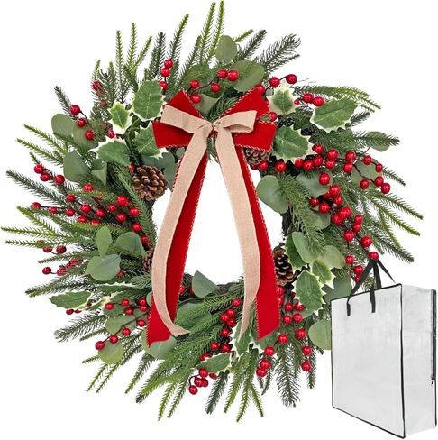 Front-Door Christmas Wreaths with Bow: 24 Inch Red Berry Pine Wreath Comes with Storage Bag - Durable Outdoor Winter Wreath Creating Warm Xmas Vibes - Easy Storage & Gifts Ready Instantly in Saudi Arabia
