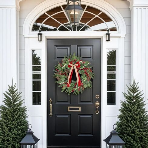 Front-Door Christmas Wreaths with Bow: 24 Inch Red Berry Pine Wreath Comes with Storage Bag - Durable Outdoor Winter Wreath Creating Warm Xmas Vibes - Easy Storage & Gifts Ready Instantly in Saudi Arabia