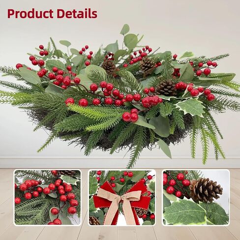 Front-Door Christmas Wreaths with Bow: 24 Inch Red Berry Pine Wreath Comes with Storage Bag - Durable Outdoor Winter Wreath Creating Warm Xmas Vibes - Easy Storage & Gifts Ready Instantly in Saudi Arabia