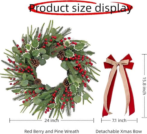 Front-Door Christmas Wreaths with Bow: 24 Inch Red Berry Pine Wreath Comes with Storage Bag - Durable Outdoor Winter Wreath Creating Warm Xmas Vibes - Easy Storage & Gifts Ready Instantly in Saudi Arabia