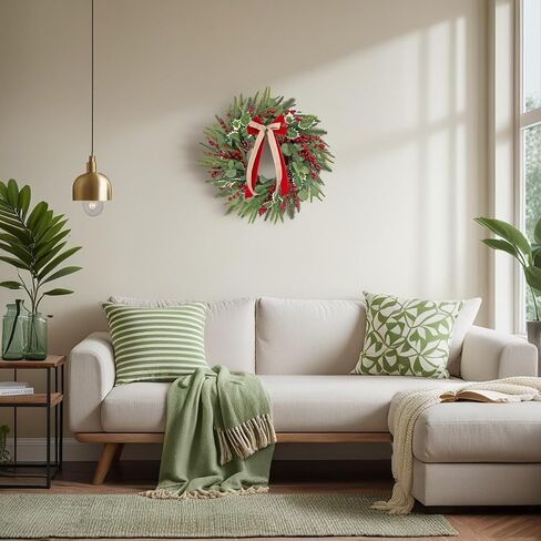 Front-Door Christmas Wreaths with Bow: 24 Inch Red Berry Pine Wreath Comes with Storage Bag - Durable Outdoor Winter Wreath Creating Warm Xmas Vibes - Easy Storage & Gifts Ready Instantly in Saudi Arabia